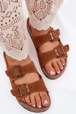 Boto Klapki Korkowe|Klapki Na Platformie*Zamszowe Klapki Na Korkowej Podeszwie Z Klamrami Camel Tavira