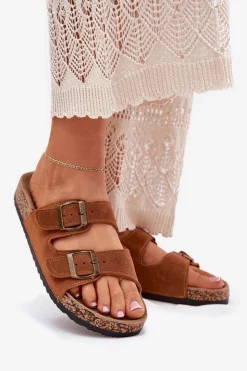 Boto Klapki Korkowe|Klapki Na Platformie*Zamszowe Klapki Na Korkowej Podeszwie Z Klamrami Camel Tavira