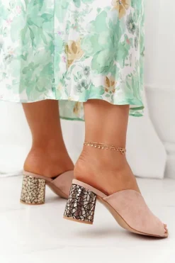 Damskie buty S.Barski Klapki Na Obcasie|Klapki Damskie Klasyczne*Zamszowe Klapki Na Obcasie S.Barski C420-15 Beżowe