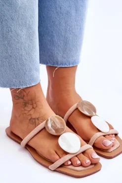 Sale Boto Zamszowe Klapki Z Ozdobami Nude Victoria