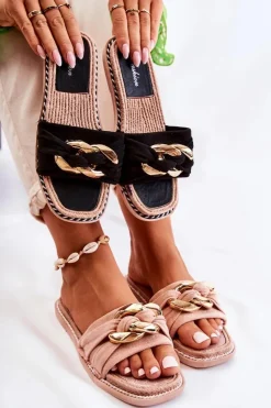 Damskie Boto Zamszowe Klapki Z Ozdobnym Łańcuchem Czarne Louie