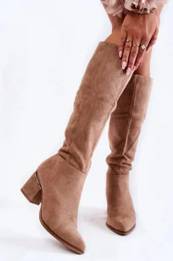 Damskie Boto Zamszowe Klasyczne Kozaki Na Suwak Beżowe Leyette