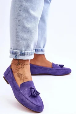Boto Mokasyny Damskie Zamszowe*Zamszowe Klasyczne Mokasyny Z Frędzlami Fioletowe Averil