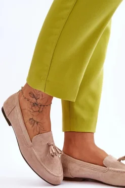 Damskie Boto Zamszowe Klasyczne Mokasyny Z Frędzlami Beżowe Averil