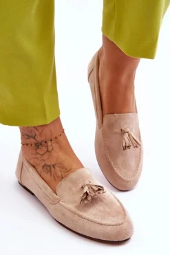 Damskie Boto Zamszowe Klasyczne Mokasyny Z Frędzlami Beżowe Averil