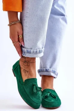 Boto Mokasyny Damskie Zamszowe*Zamszowe Klasyczne Mokasyny Z Frędzlami Zielone Averil