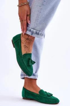 Boto Mokasyny Damskie Zamszowe*Zamszowe Klasyczne Mokasyny Z Frędzlami Zielone Averil