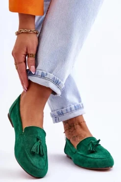 Boto Mokasyny Damskie Zamszowe*Zamszowe Klasyczne Mokasyny Z Frędzlami Zielone Averil
