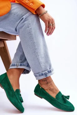 Boto Mokasyny Damskie Zamszowe*Zamszowe Klasyczne Mokasyny Z Frędzlami Zielone Averil