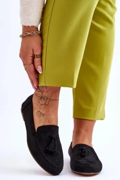 Damskie Boto Zamszowe Klasyczne Mokasyny Z Frędzlami Czarne Averil