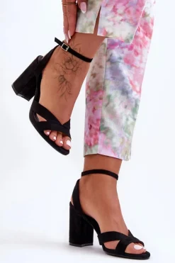 Damskie Boto Zamszowe Klasyczne Sandałki Na Słupku Czarne Tetradi