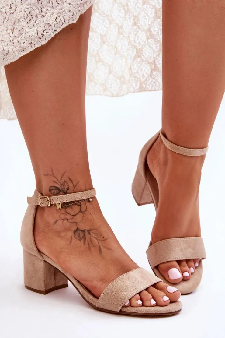 Boto Sandały Na Obcasie*Zamszowe Klasyczne Sandały Na Niskim Obcasie Beżowe Honeymoon
