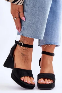 Boto Zamszowe Klasyczne Sandały Na Platformie Czarne Classy