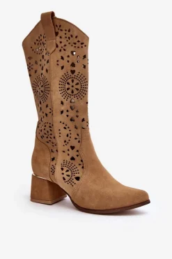 Damskie Boto Zamszowe Kozaki Ażurowe Lewski Shoes 3171 Beżowe