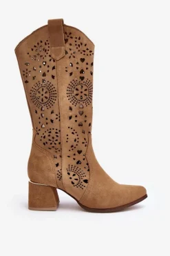 Damskie Boto Zamszowe Kozaki Ażurowe Lewski Shoes 3171 Beżowe
