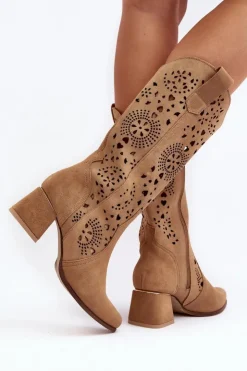 Damskie Boto Zamszowe Kozaki Ażurowe Lewski Shoes 3171 Beżowe