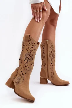 Damskie Boto Zamszowe Kozaki Ażurowe Lewski Shoes 3171 Beżowe