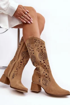 Damskie Boto Zamszowe Kozaki Ażurowe Lewski Shoes 3171 Beżowe