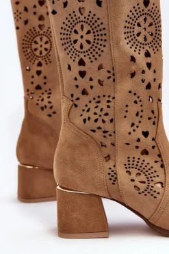 Damskie Boto Zamszowe Kozaki Ażurowe Lewski Shoes 3171 Beżowe