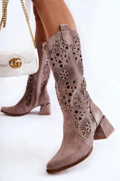 Damskie Boto Zamszowe Kozaki Ażurowe Lewski Shoes 3171 Cappucino