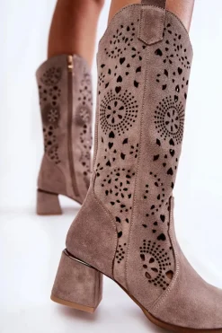 Damskie Boto Zamszowe Kozaki Ażurowe Lewski Shoes 3171 Cappucino