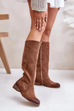 Damskie Zazoo Zamszowe Kozaki Damskie Do Połowy Łydki Na Zamek Lewski 3616 Brązowe