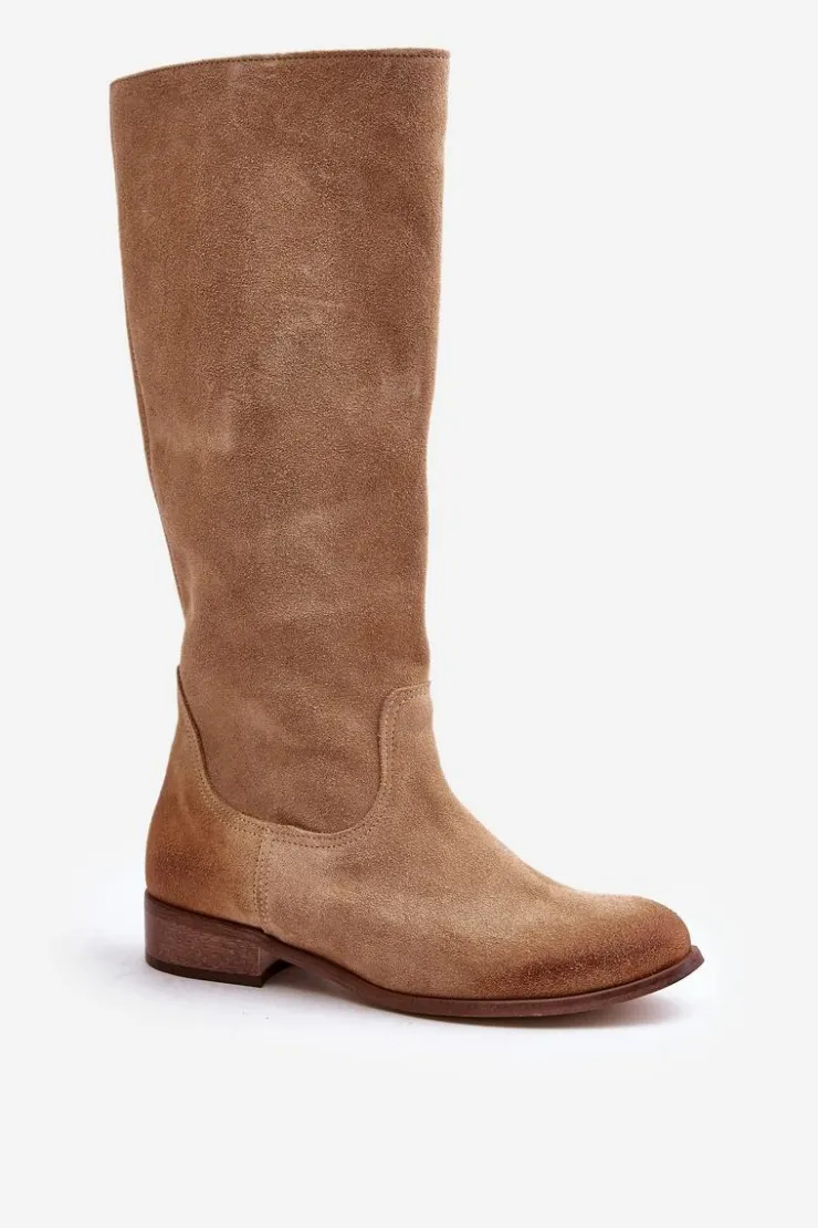 Sale Zazoo Zamszowe Kozaki Damskie Do Połowy Łydki Na Zamek Lewski 3616 Beżowe Beżowy