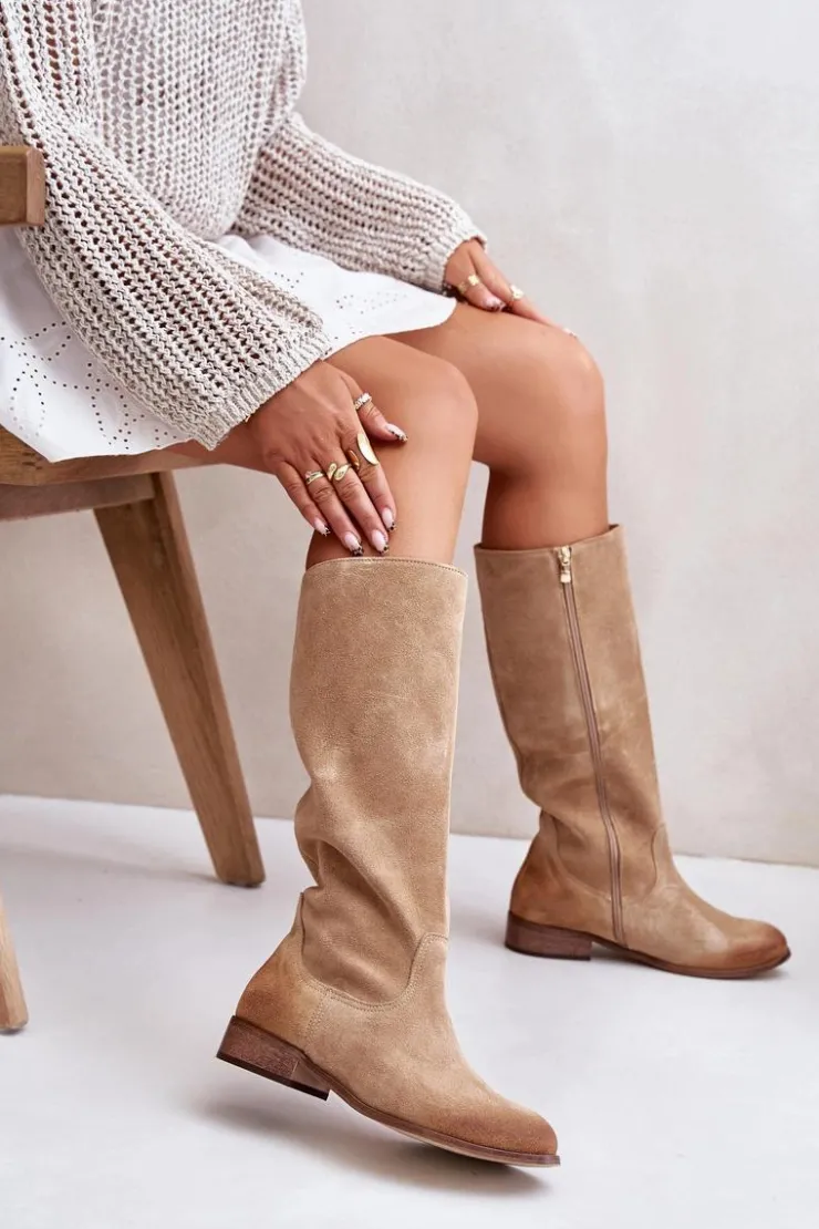 Sale Zazoo Zamszowe Kozaki Damskie Do Połowy Łydki Na Zamek Lewski 3616 Beżowe Beżowy