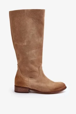 Sale Zazoo Zamszowe Kozaki Damskie Do Połowy Łydki Na Zamek Lewski 3616 Beżowe Beżowy