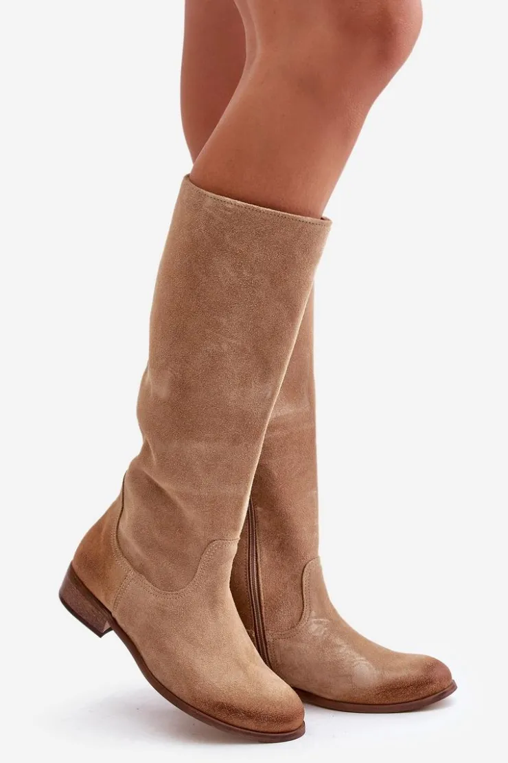 Sale Zazoo Zamszowe Kozaki Damskie Do Połowy Łydki Na Zamek Lewski 3616 Beżowe Beżowy