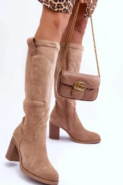 Online Boto Zamszowe Kozaki Damskie Na Słupku Beżowe Khabira