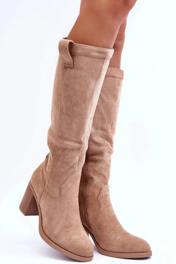 Online Boto Zamszowe Kozaki Damskie Na Słupku Beżowe Khabira