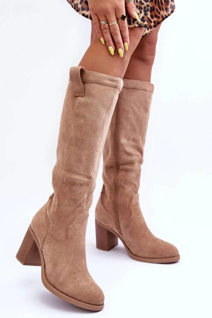 Online Boto Zamszowe Kozaki Damskie Na Słupku Beżowe Khabira