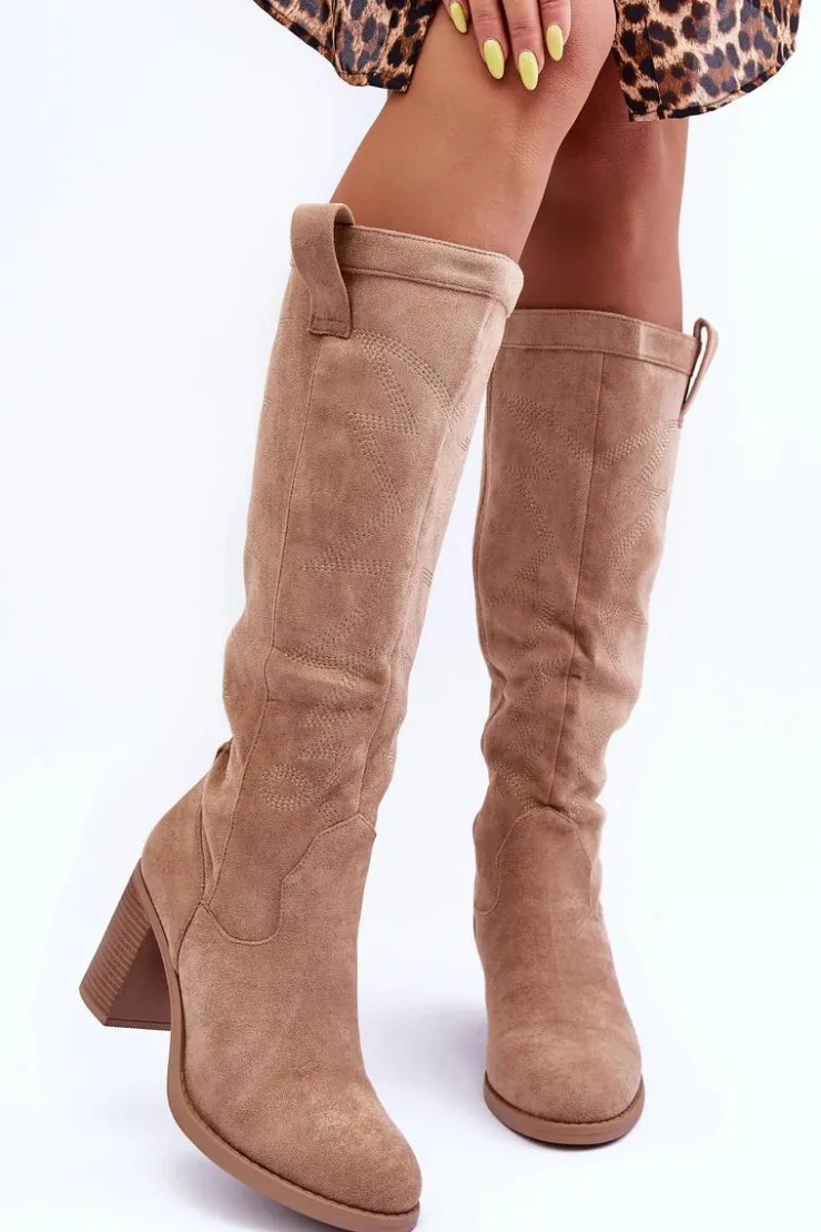 Online Boto Zamszowe Kozaki Damskie Na Słupku Beżowe Khabira