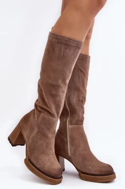 Damskie Boto Zamszowe Kozaki Damskie Na Słupku Przed Kolano Brązowe Lemar Ceraxa