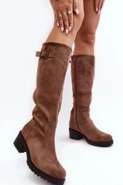 Damskie Boto Zamszowe Kozaki Damskie Na Płaskim Obcasie Beżowe Saranai