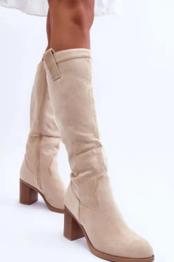 Damskie Boto Zamszowe Kozaki Damskie Na Słupku Jasnobeżowe Khabira