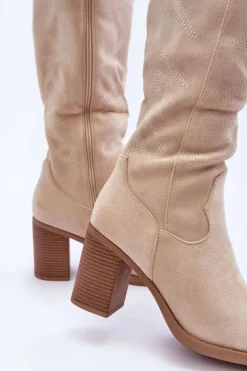 Damskie Boto Zamszowe Kozaki Damskie Na Słupku Jasnobeżowe Khabira