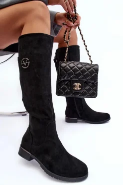 Buty damskie Vinceza Kozaki Płaskie|Kozaki Przed Kolano*Zamszowe Kozaki Damskie Na Płaskim Obcasie Czarne Albuna