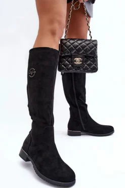 Buty damskie Vinceza Kozaki Płaskie|Kozaki Przed Kolano*Zamszowe Kozaki Damskie Na Płaskim Obcasie Czarne Albuna