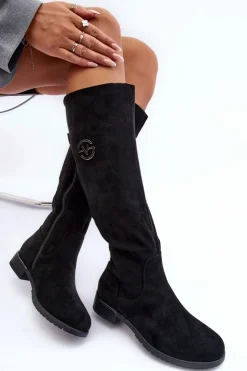 Buty damskie Vinceza Kozaki Płaskie|Kozaki Przed Kolano*Zamszowe Kozaki Damskie Na Płaskim Obcasie Czarne Albuna