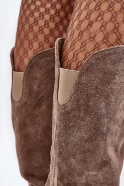 Damskie Boto Zamszowe Kozaki Damskie Na Słupku Ciemnobeżowe Lewski 3371