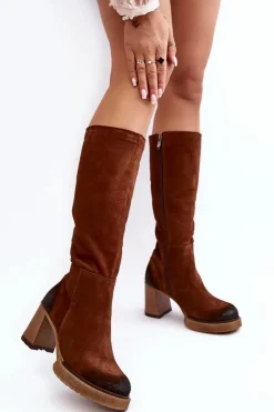 Boto Kozaki Ocieplane|Kozaki Na Słupku*Zamszowe Kozaki Damskie Na Słupku Przed Kolano Lemar Ciemnobrązowe Ceraxa