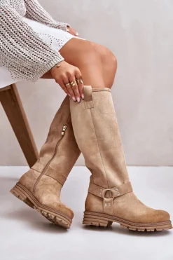 Clearance Zazoo Zamszowe Kozaki Damskie Przed Kolano Lewski 3615 Beżowe