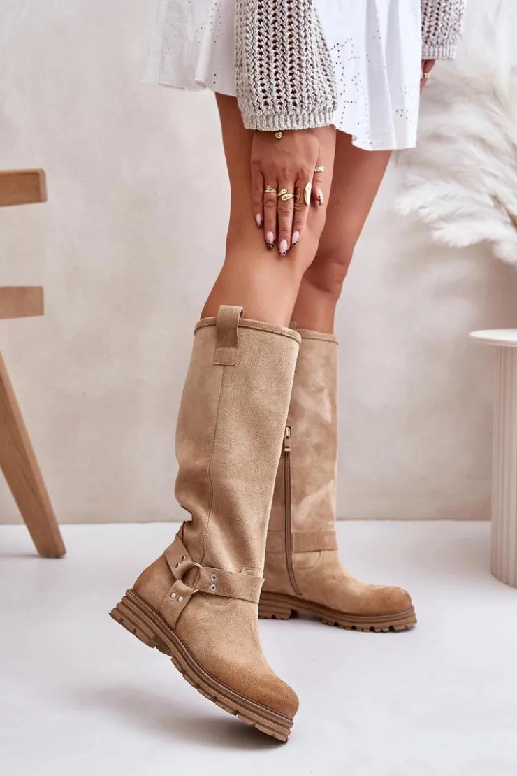 Clearance Zazoo Zamszowe Kozaki Damskie Przed Kolano Lewski 3615 Beżowe