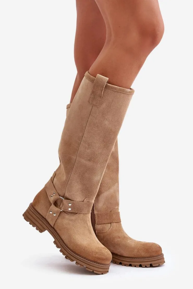 Clearance Zazoo Zamszowe Kozaki Damskie Przed Kolano Lewski 3615 Beżowe