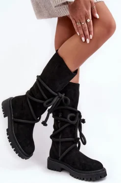 Discount Boto Zamszowe Kozaki Damskie Z Wiązaniem Czarne Tanive