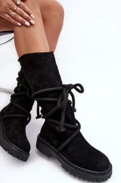 Discount Boto Zamszowe Kozaki Damskie Z Wiązaniem Czarne Tanive
