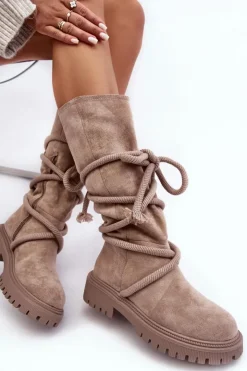 Boto Kozaki Płaskie|Kozaki Przed Kolano*Zamszowe Kozaki Damskie Z Wiązaniem Beżowe Tanive