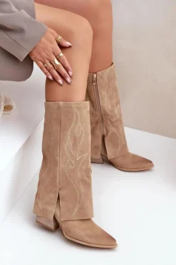 Damskie Zazoo Zamszowe Kozaki Do Połowy Łydki Z Wywiniętą Cholewką Na Słupku Beżowe 3487